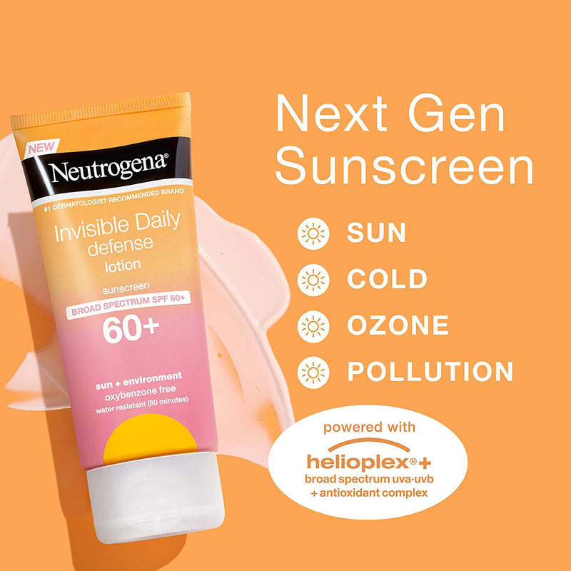 Neutrogena Invisible Daily Defense Sunscreen Lotion, Broad Spectrum SPF 60+, Oxybenzone-Free & Water-Resistant, Sun & Environmental Aggressor Protection, Antioxidant Complex, 3.0 fl. oz Neutrogena Store