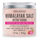 Himalayan Salt Body Scrub with Collagen and Stem Cells - Natural Exfoliating Salt Scrub & Body and Face Souffle helps with Moisturizing Skin, Acne, Cellulite, Dead Skin Scars, Wrinkles (11 oz) First Botany