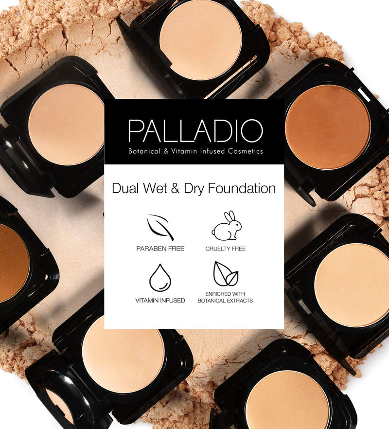 Palladio Dual Wet and Dry Foundation with sponge and Mirror, Squalane Infused, Apply Wet for Maximum Coverage or Dry for Light Finishing and Touchup, Minimize Fine Lines, All day Wear, Tawny Palladio