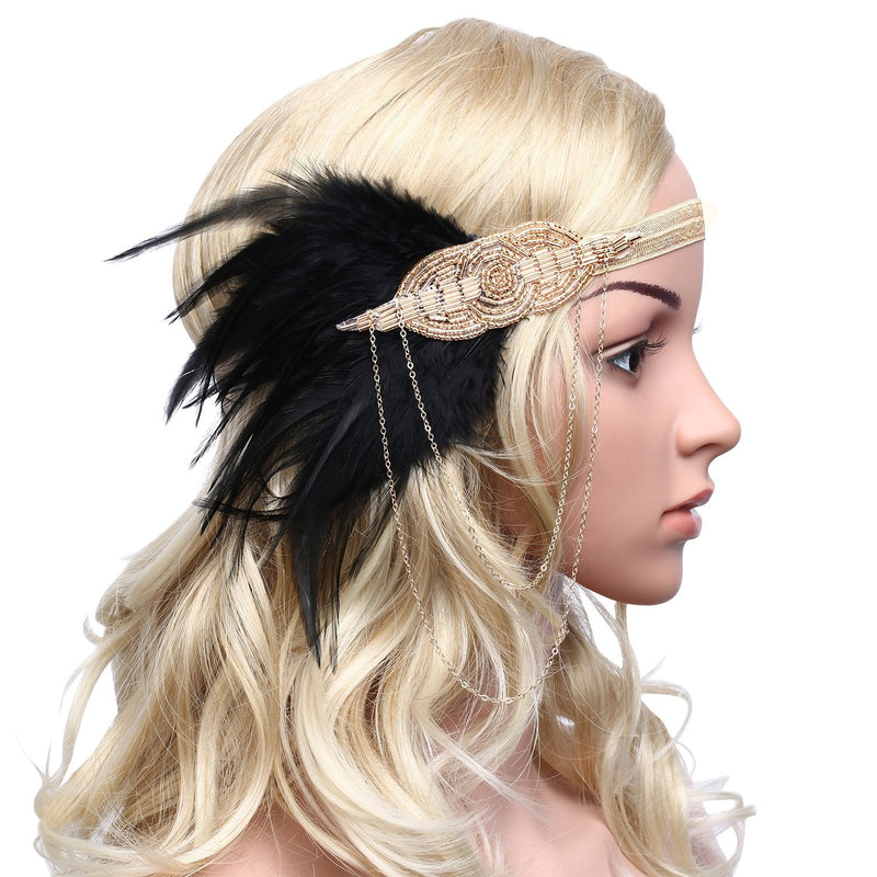BABEYOND 1920s Flapper Headband Roaring 20s Great Gatsby Headpiece Beaded Black Feather Headband 1920s Flapper Gatsby Hair Accessories (Champagne) BABEYOND