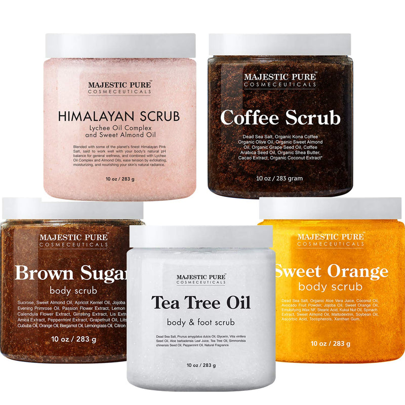 Majestic Pure Himalayan Scrub, Orange Scrub, Brown Sugar Scrub, Coffee Scrub, and Tea Tree Scrub Bundle – Foot and Body Scrub Package MAJESTIC PURE