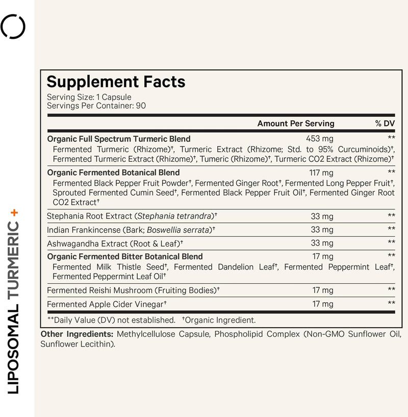Codeage Organic Turmeric Supplement - 95% Curcumin Extract Pills - Liposomal Fermented Botanical Blend Black Pepper, Ashwagandha, Ginger, Stephania, Boswelia, Cumin, Digestive Bitters - 90 Capsules Infinity Warehouse