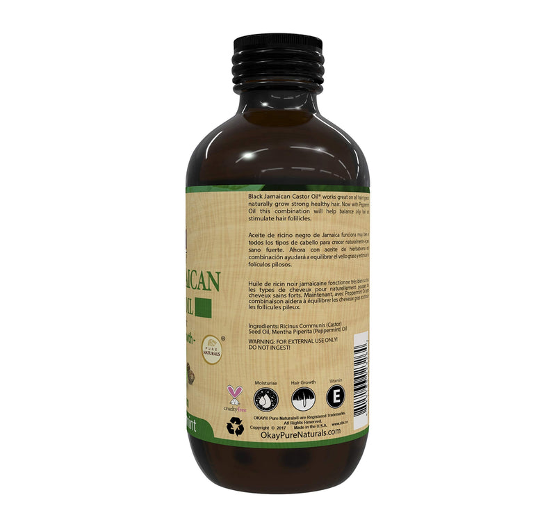 Okay Pure Naturals, Jamaican Black Castor Oil Original Dark with Peppermint Oil, Moisture & Growth, Nourish + Invigorate, Natural Healthy for All Hair Types and Textures, Brown, 4 Fl Oz Okay