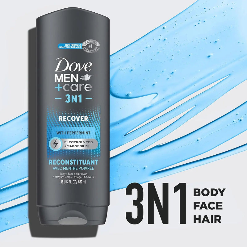 Dove Men+Care Post-Workout 3-IN-1 (Body + Face + Hair Wash) With Peppermint 4 Count Infused with Electrolytes + Magnesium 18 oz Infinity Warehouse