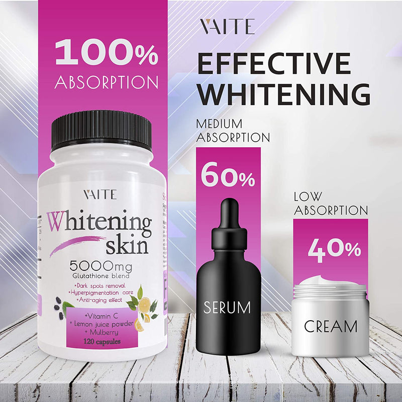 Glutathione Whitening Pills - Dark Spots & Acne Scar Remover - 5000 - Made in USA - Vegan Skin Bleaching Pills with Anti-Aging & Antioxidant Effect - 120 Capsules VAITE