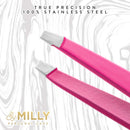 Slant Tweezers - Stainless Steel - Perfectly Aligned and Hand-Filed Slanted Tips for Ultra Precision - Tweezers for Eyebrows - Precision Tweezers - Effortless Plucking - Professional Tweezers - Pink By MILLY