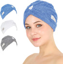 HALLEY Cotton Hair Towel Wrap (3 Packs) Super Absorbent Fast Drying Turbans for Thick, Wet Hair with Button (Black, Grey, Pink) Infinity Warehouse