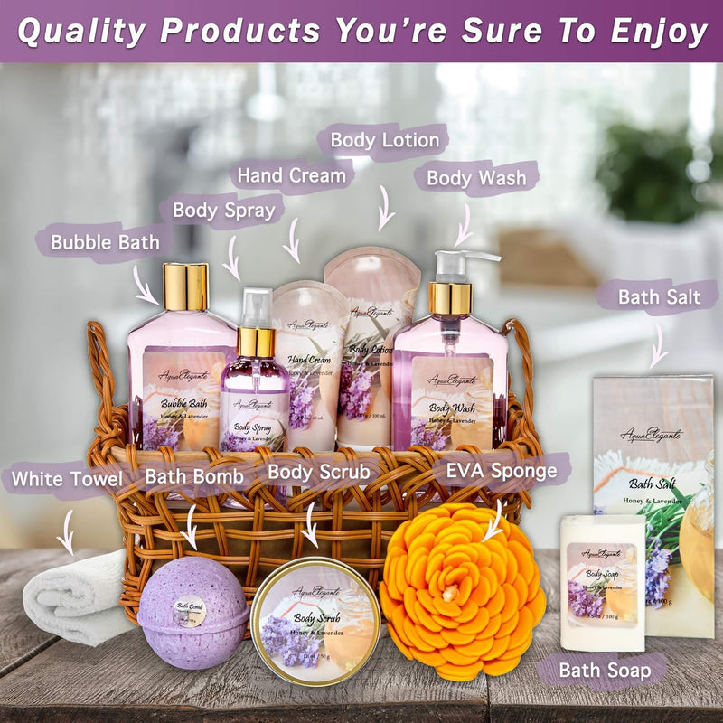 Spa Baskets For Women - Luxury Bath Set With Honey & Lavender - Spa Kit Includes Wash, Bubble Bath, Lotion, Bath Salts, Body Scrub, Body Spray, Shower Puff, Bathbombs, Soap and Towel