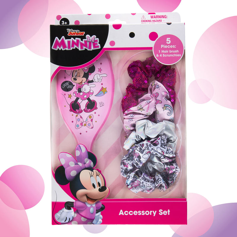 Disney Junior Minnie Mouse Hair Accessory 5 Pcs Set - 1 Large Minnie Mouse Hair Brush For Girls + 4 Minnie Scrunchies For Kids - Hair Accessories For Girls - Pink Detangling Brush - Elastic Hair Ties Ropes Scrunchie Luv Her