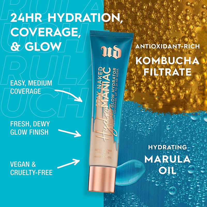 Urban Decay Hydromaniac Tinted Moisturizer, 20 Fair Neutral - 24H Longwear, Weightless Buildable Medium Coverage for Healthy, Glowing Skin - With Kombucha Filtrate & Marula Oil URBAN DECAY Store