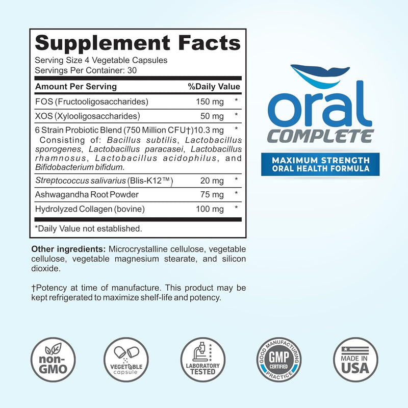 Oral Complete 11-in-1 Dental Probiotics, Bad Breath Treatment Halitosis Tonsil Stone with Non-GMO with BLIS K12, Ashwagandha and Collagen, 120 Capsules Infinity Warehouse