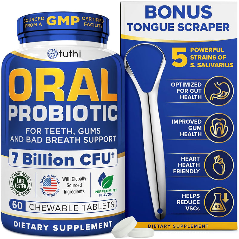 Dental Probiotics & Tongue Scraper – Bad Breath Treatment for Adults – Oral Probiotics for Teeth and Gums – Supports Fresh Breath – 60 Chewable Tablets Infinity Warehouse