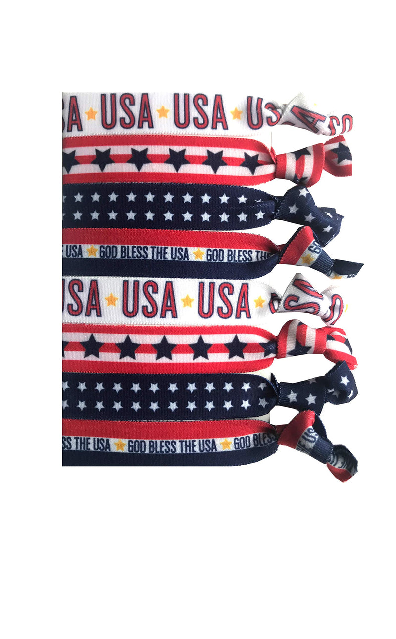 8 Piece Red White and Blue Patriotic Hair Elastic Set - Hair Accessories- USA Hair Ties Gift, American Flag Accessory, Stars & Stripes, 4th of July- Independence Day - Land of the Free - Made in USA Sportigift