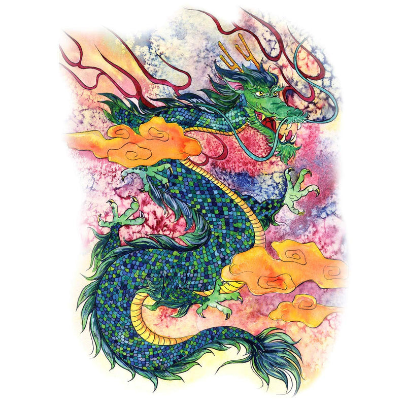 Supperb® Temporary Tattoos - Gorgeous Green Dragon in Clouds, Dragon Temporary Tattoos Supperb