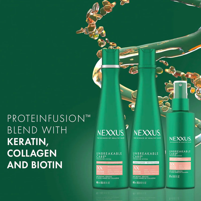 Nexxus Unbreakable Care Shampoo Conditioner and Leave-In Spray 3 Pack For Fine and Thin Hair with Keratin Collagen Biotin 13.5 oz 6 oz Infinity Warehouse