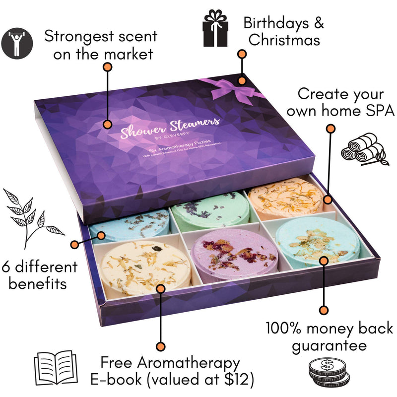 Cleverfy Shower Steamers 4 Pack - Every Shower Bombs Gift Set Includes 6X Aromatherapy Shower Steamers with Essential Oils for Relaxation. CLEVERFY