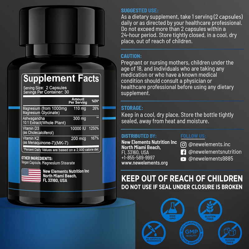 Magnesium Glycinate 1500mg with Ashwagandha 300mg + Vitamin D3 10,000 IU & K2 (MK-7) 200mcg – Stress Relief, Calm Mood & Bone Support – High Absorption Vegan Capsules – Non-GMO Infinity Warehouse