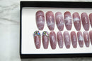 Impressed Luxury Press on Nails 24 pcs Long Fake Coffin Nail Tips Pink Marble Rhinestone Design False Nails with Adhesive Nail Glue Tabs (Pink Marble) Impressed.co