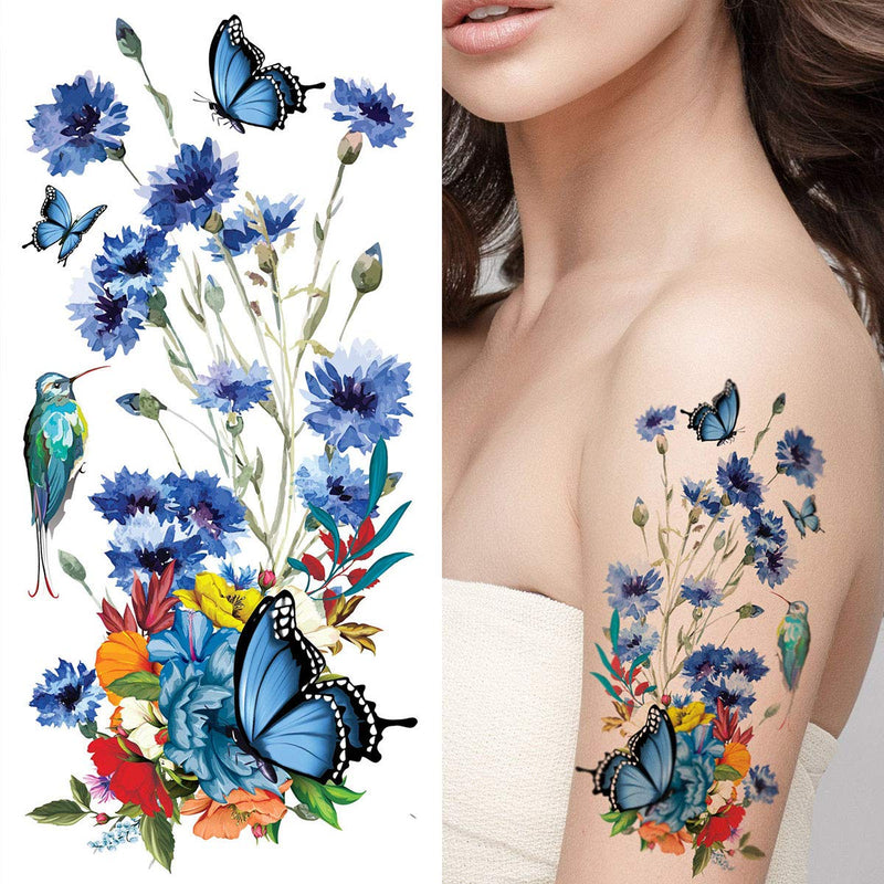 Supperb Temporary Tattoos - Hand drawn Watercolor Painting Bouquet of Summer Flowers butterflies hummingbird (Set of 2) Supperb
