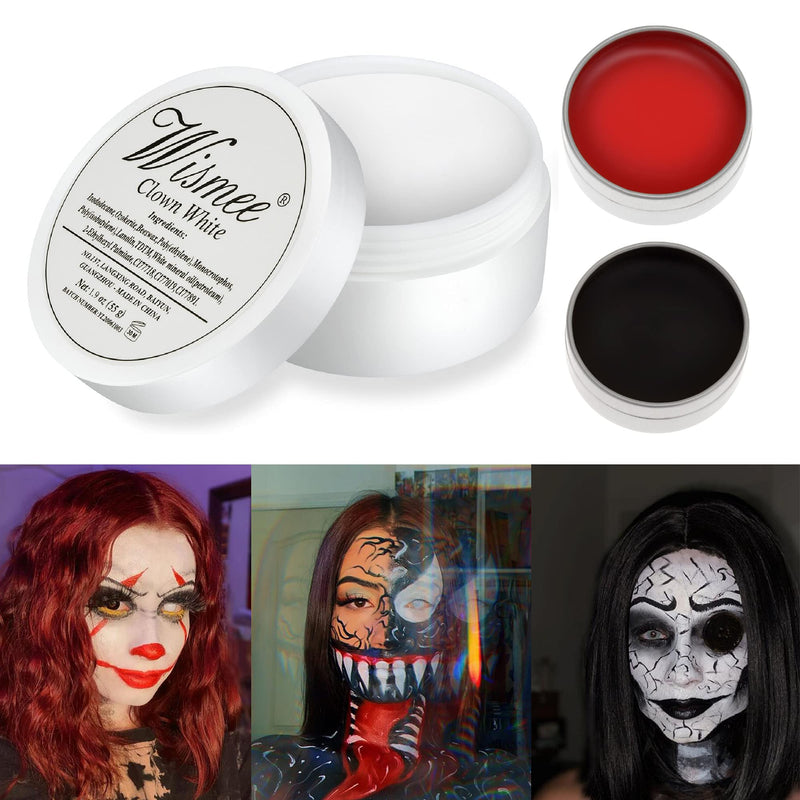 Wismee Clown Makeup Black White Red Cream Face Body Paint Clown Joker Zombie Vampire Skeleton Halloween Costume Fantasy Makeup Fancy Dress Up Cosmetics Set Oil Painting Art (White Red Black) Wismee