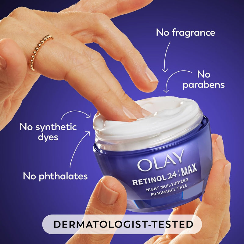 Olay Retinol Face Moisturizer, 24 MAX Anti-Aging Night Cream for Women, Fragrance-Free, Non Greasy - Anti-Wrinkle, Smooth Fine Lines, Tightening, Hydrating Skin Care - Peptides, Glycerin, 1.7 Oz Infinity Warehouse