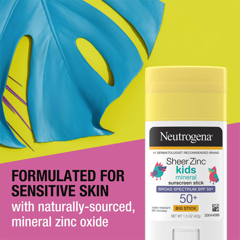 Neutrogena Sheer Zinc Oxide Kids Mineral Sunscreen Stick, Broad Spectrum SPF 50+ & UVA/UVB Protection & Water Resistant with Residue Free, No Mess Application/Oil/Paraben/Fragrance, 1.5 Oz Neutrogena