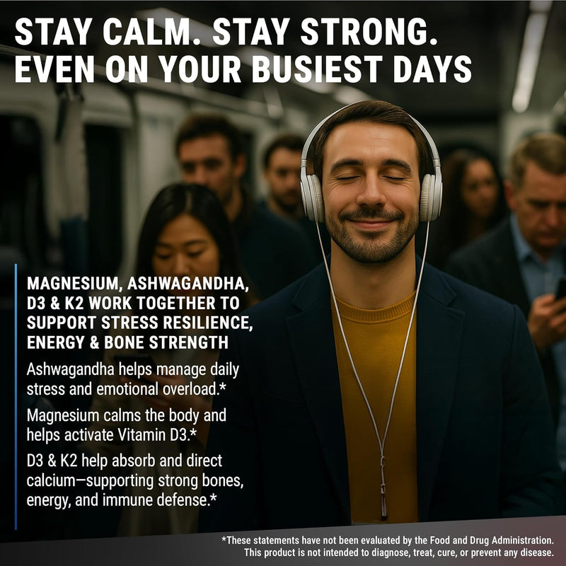 Magnesium Glycinate 1500mg with Ashwagandha 300mg + Vitamin D3 10,000 IU & K2 (MK-7) 200mcg – Stress Relief, Calm Mood & Bone Support – High Absorption Vegan Capsules – Non-GMO Infinity Warehouse