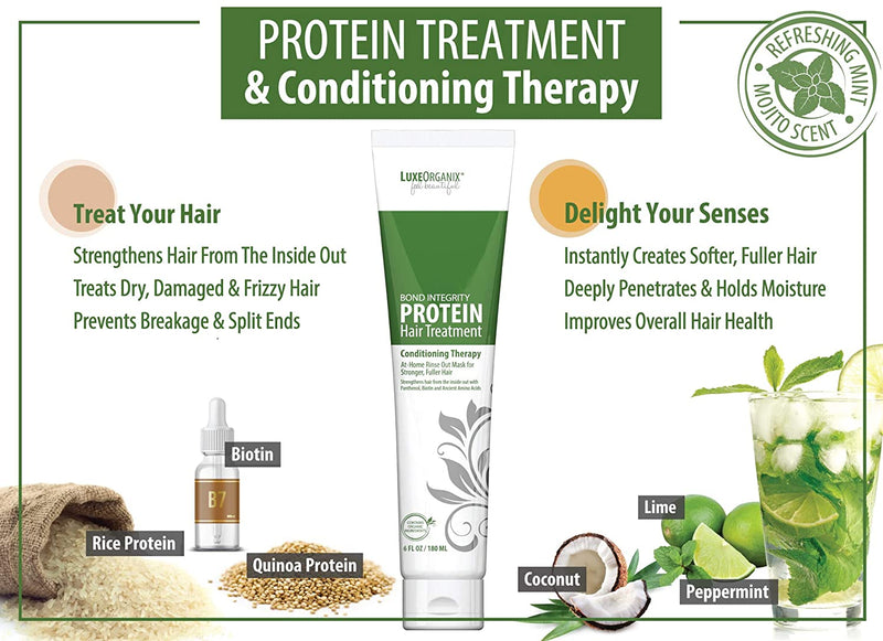 Protein Hair Treatment for Dry Damaged Hair: Moisturizing Hair Mask for Thicker Fuller Looking Hair - Deep Conditioner for Curly Hair Leaves Hair Light and Bouncy. Keratin and Color Safe. LuxeOrganix LuxeOrganix