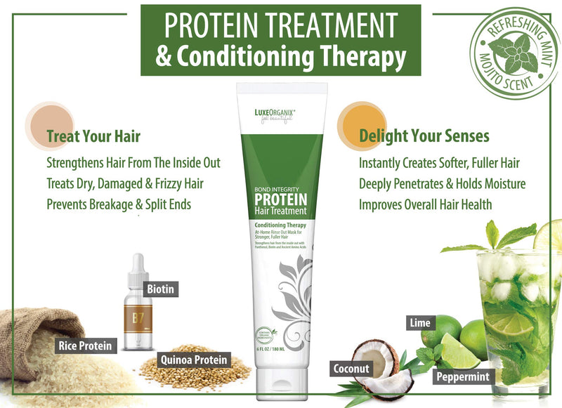 Protein Hair Treatment for Dry Damaged Hair: Moisturizing Hair Mask for Thicker Fuller Looking Hair - Deep Conditioner for Curly Hair Leaves Hair Light and Bouncy. Keratin and Color Safe. LuxeOrganix LuxeOrganix