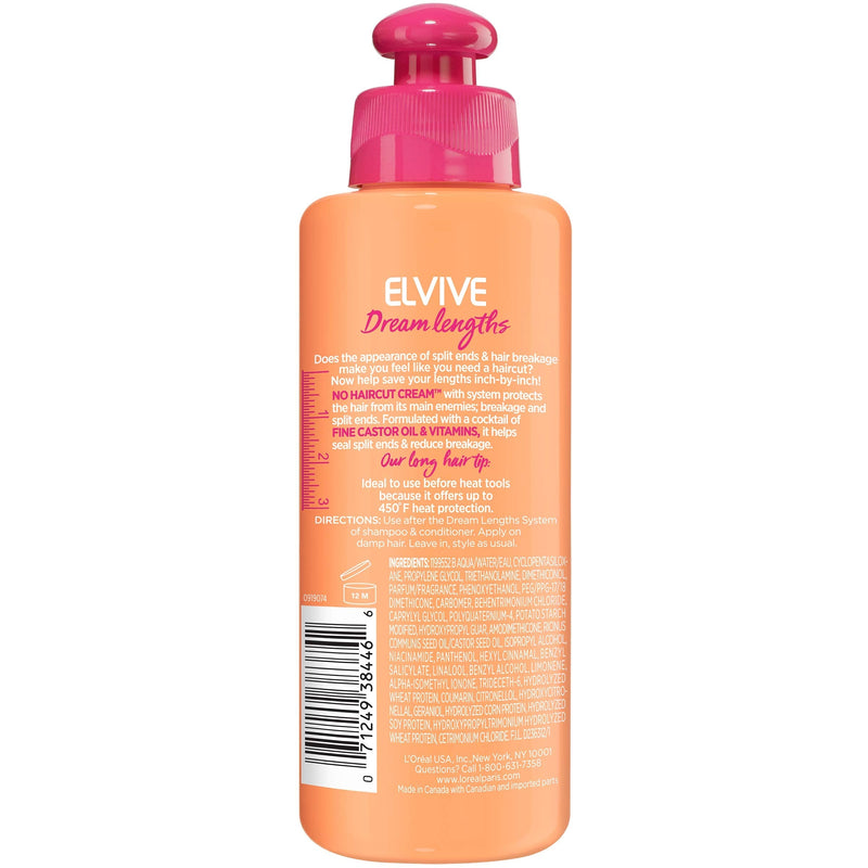 L’Oreal Paris Elvive Dream Lengths No Haircut Cream Leave in Conditioner With Fine Castor Oil and Vitamins B3 and B5 for Long, Damaged Hair, Helps Seal Split Ends and Reduces Breakage With System 6.8 FL; Oz L'Oreal Paris