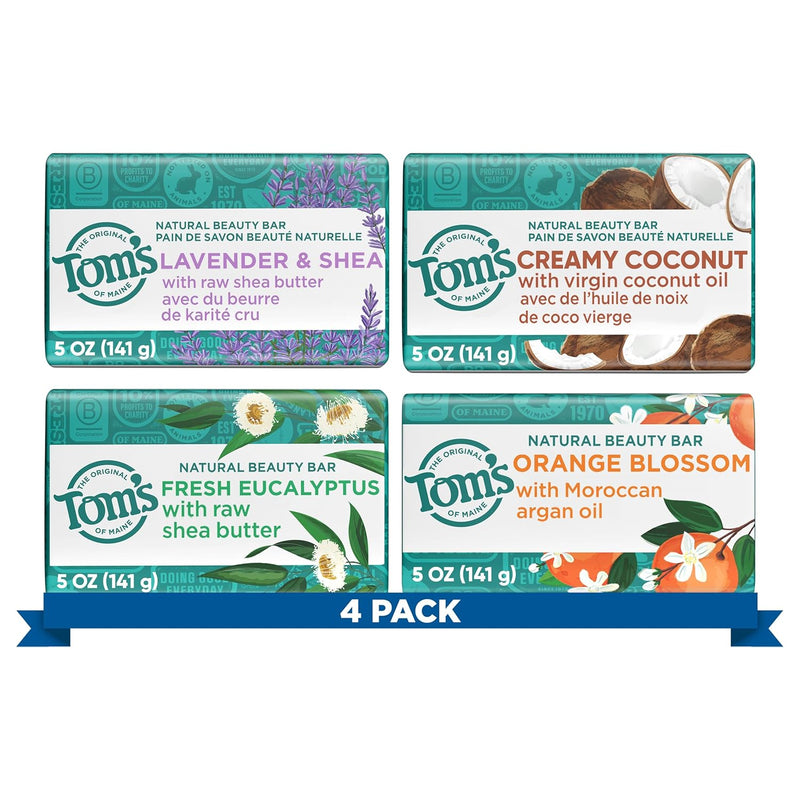 Tom's of Maine Bar Soap Variety Pack, Natural Bar Soap for Women and Men, Lavender & Shea, Fresh Eucalyptus, Creamy Coconut, Orange Blossom, 5 oz Bars (4-Pack) Infinity Warehouse