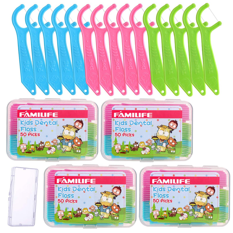 Dental Floss Picks, FAMILIFE Kids flossers Toddler Threaders Children Unwaxed Unflavored Fluoride Free Dental Floss Child Kid Flossing Sticks with Travel Cases 200 Picks FAMILIFE