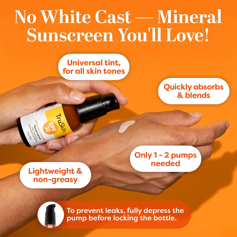 TruSkin SPF 30 Tinted Mineral Sunscreen Serum for Face - 1 fl oz | Universal Tinted | Lightweight Transparent Finish | Zinc Oxide | Vitamin C | Hyaluronic Acid | Ceramides | All Skin Types Infinity Warehouse