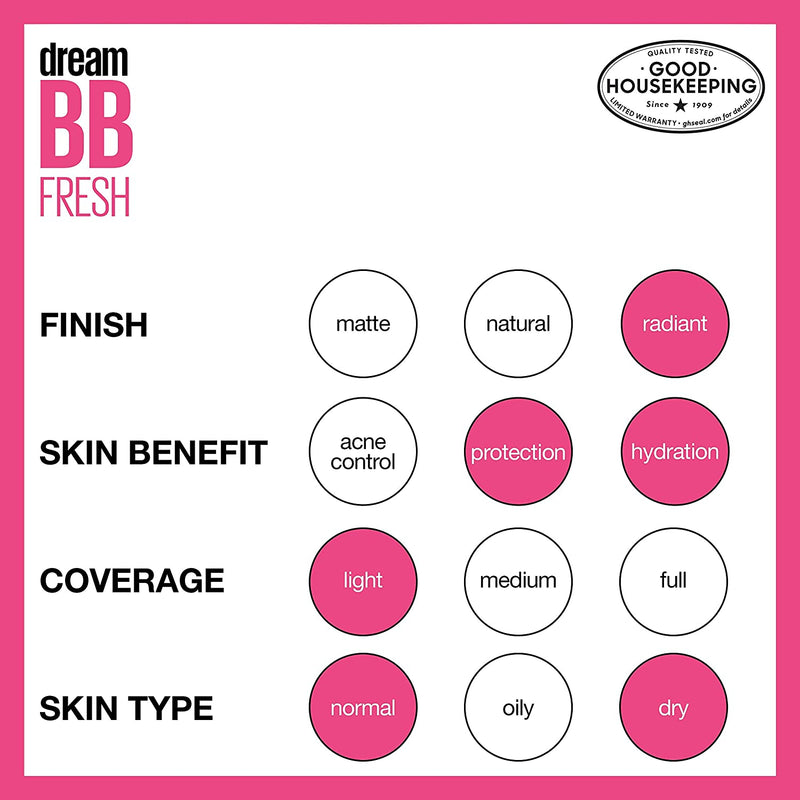 Maybelline Dream Fresh Skin Hydrating BB cream, 8-in-1 Skin Perfecting Beauty Balm with Broad Spectrum SPF 30, Sheer Tint Coverage, Oil-Free, Light, 1 Fl Oz Maybelline New York