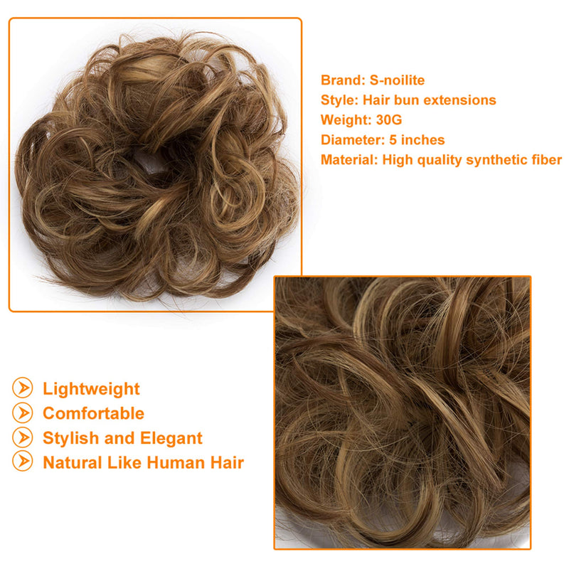 S-noilite Hair Bun Extensions Messy Wavy Curly Dish Donut Scrunchie Hairpiece Accessories Chignons Updo Ponytail Pony Tail Synthetic Hair Extension for Women/30G 1 Count Light Brown & Ash Blonde S-noilite Store