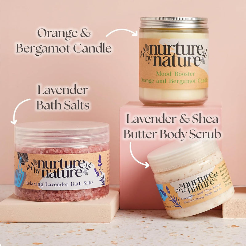 Nurture by Nature RELAX & CALM Spa Kit - Birthday Gifts for Women - Spa Gift Baskets For Women, 6-in-1 Self Care Kit, Bath Sets Gift - Lavender Pillow Mist, Bath Salts, Body Scrub, Bath Bomb Infinity Warehouse