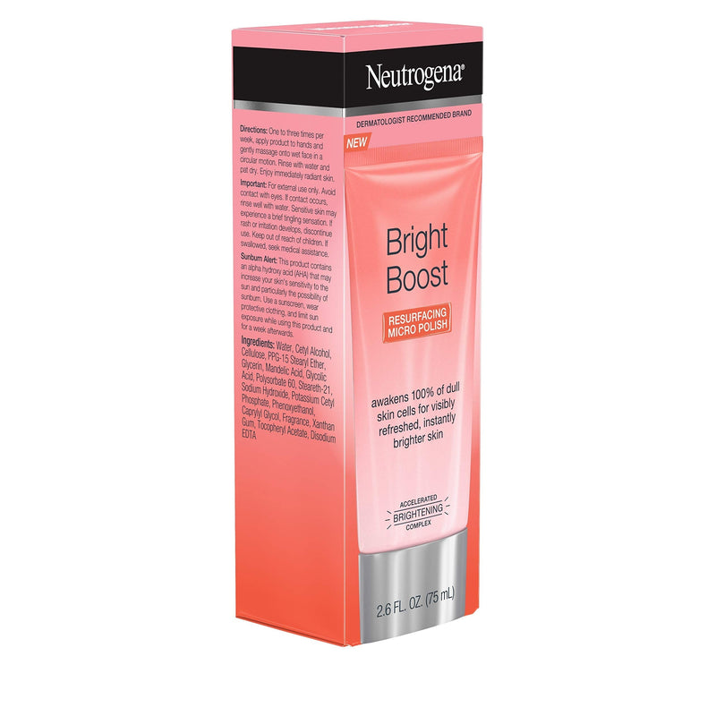 Neutrogena Bright Boost Resurfacing Facial Exfoliator with Glycolic and Mandelic AHAs Gentle Skin Resurfacing Face Cleanser for Bright Smooth Skin, Micro Polish, 2.6 Fl Oz Neutrogena