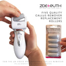 Zoe+Ruth Electric Callus Remover USB Rechargeable Pedicure Foot File tool for Dry Cracked Skin on your Heels and Feet. International Charger, 3 Rollers, Travel Storage Case + 5 Pack Roller Bundle Zoe+Ruth