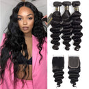Peruvian Loose Deep Wave Bundles with Closure, 9A Virgin Hair Long Loose Deep Hair 3 Bundles with 4x4 Top French Lace Closure with Baby Hair (22/24/26+20 Inch, 3 Bundles+Free Part Closure) DONG H hair