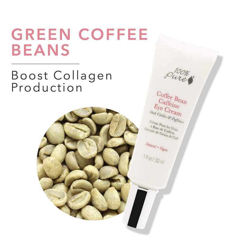 100% Pure Coffee Bean Caffeine Eye Cream Refresh & Hydrate Under Eye Treatment Reduce Puffiness, Dark Circles, Wrinkles with Green Tea, Rose Hip, Vitamin E - Youthful Vibrant Eyes - Vegan - 1 oz 100% PURE
