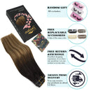 GOO GOO Seamless Hair Extensions Clip in 18 Inch Balayage Dark Brown Fading to Chestnut Brown and Dirty Blonde Hair Extensions 130g 7pcs Remy Hair Extensions with PU Weft Thick Clip in Hair for Women GOO GOO