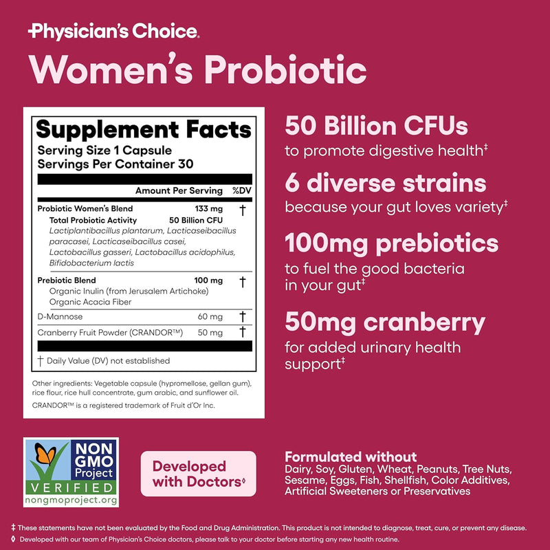 Physician's CHOICE Probiotics for Women - PH Balance, Digestive, UT, & Feminine Health - 50 Billion CFU - 6 Unique Strains for Her - Organic Prebiotics, Cranberry Extract+ - Women Probiotic - 30 CT Infinity Warehouse