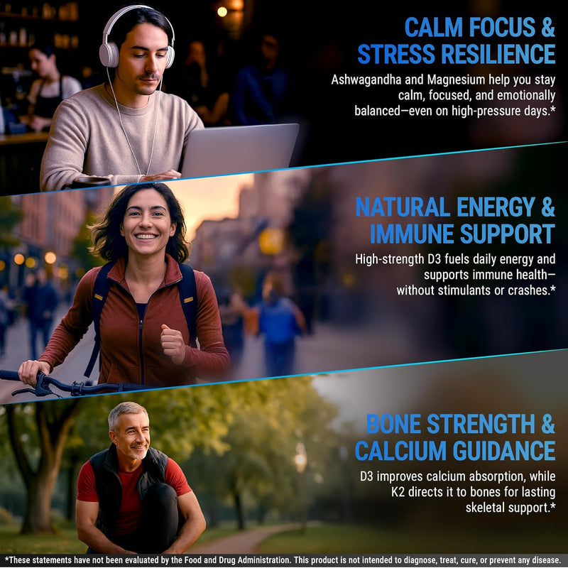 Magnesium Glycinate 1500mg with Ashwagandha 300mg + Vitamin D3 10,000 IU & K2 (MK-7) 200mcg – Stress Relief, Calm Mood & Bone Support – High Absorption Vegan Capsules – Non-GMO Infinity Warehouse