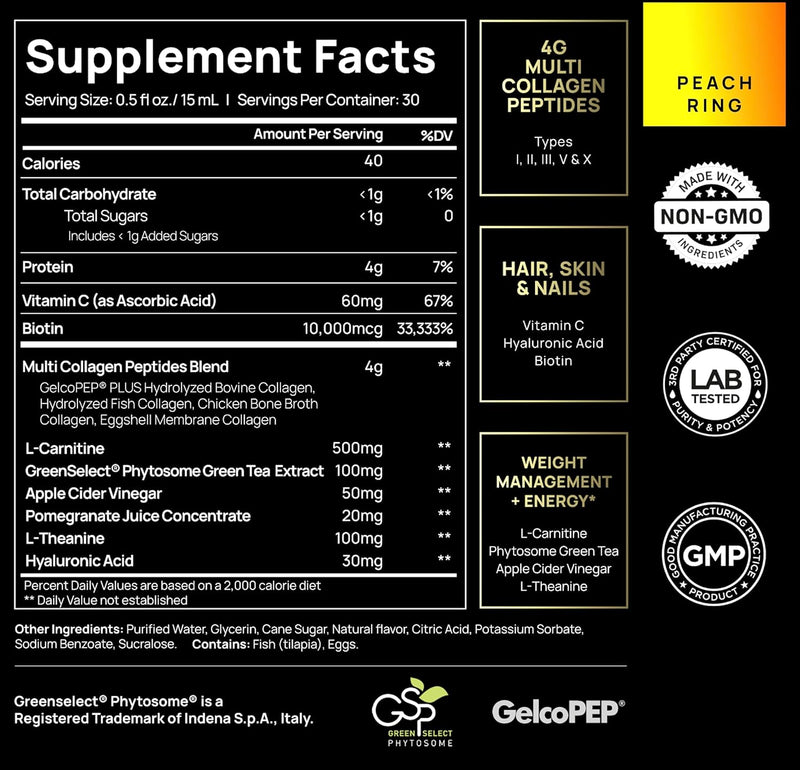 Premium Liquid Collagen for Women Weight Loss & Beauty w. Hyaluronic Acid, Biotin, L-Carnitine, Apple C Vinegar - Ultra Pure Multi Collagen Protein Shots Drink + Hair & Skin Liquid Vitamins - Colageno Infinity Warehouse