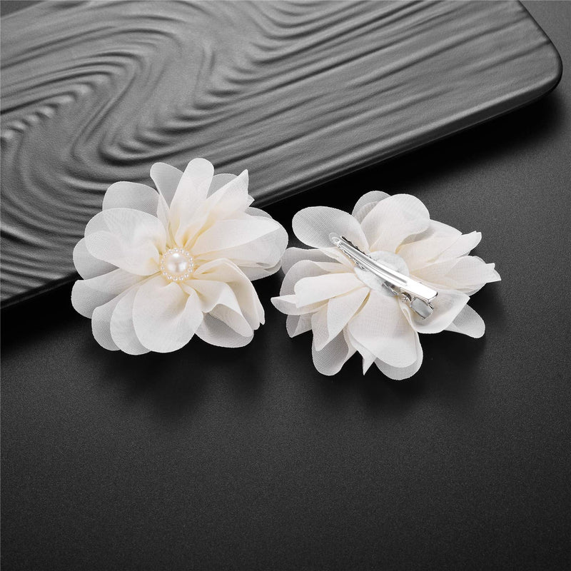 LUX ACCESSORIES White Fabric Floral Center White Pearl Silver Tone Finish Set of 2 Hair Clips LUX ACCESSORIES