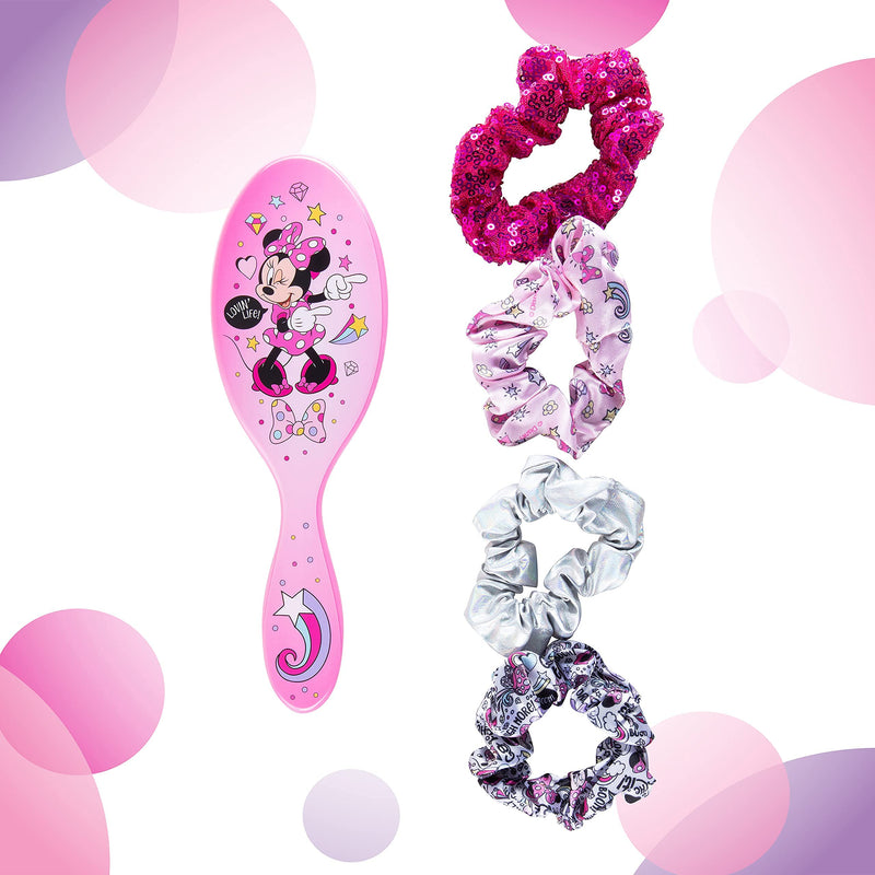 Disney Junior Minnie Mouse Hair Accessory 5 Pcs Set - 1 Large Minnie Mouse Hair Brush For Girls + 4 Minnie Scrunchies For Kids - Hair Accessories For Girls - Pink Detangling Brush - Elastic Hair Ties Ropes Scrunchie Luv Her