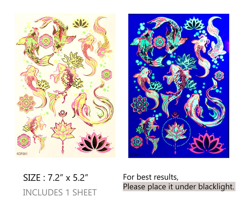 d'IRIS studio Blacklight Temporary Tattoos – 1 Sheet Koi Fish Design Body Art | Festival Accessories Glow Party Supplies | 7.2” x 5.2” UV Reactive Temp Tattoos Great for EDM EDC Party Rave Parties d'IRIS studio