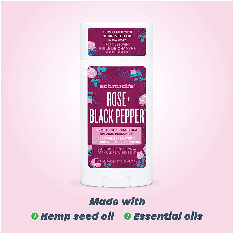 Schmidt's Aluminum Free Sensitive Skin Natural Deodorant with Hemp Seed Oil For 24 Hour Odor Protection and Freshness, Rose + Black Pepper Vegan, Certified Cruelty Free, 3.25 oz Schmidt's Store