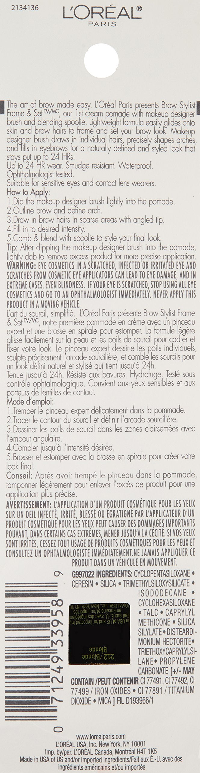 L'Oreal Paris Brow Stylist Frame and Set, Blonde, 0.08 oz. L'Oréal Paris