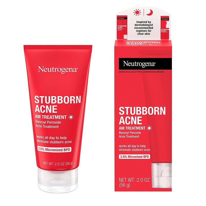 Neutrogena Stubborn Acne AM Face Treatment with 2.5% Micronized Benzoyl Peroxide Acne Medicine, Oil-Free Daily Facial Treatment to Reduce Size & Redness of Breakouts, Paraben-Free, 2 oz Neutrogena
